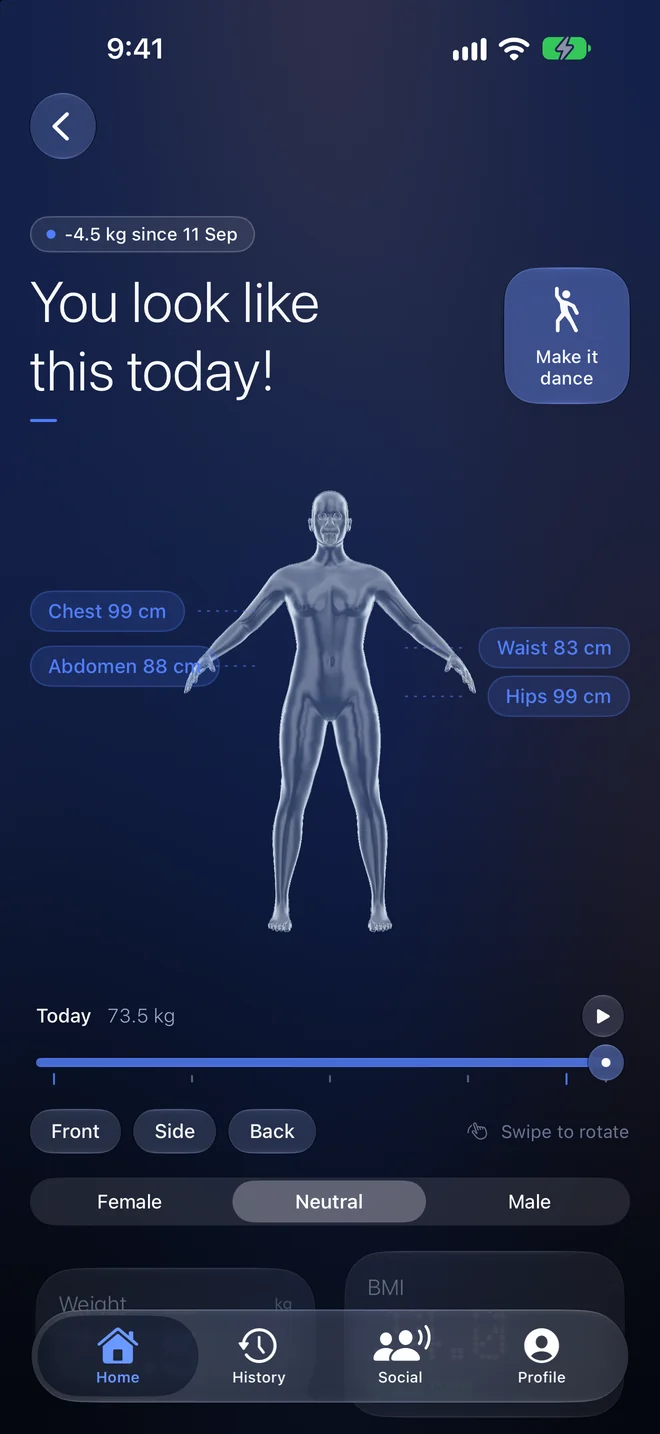 The 3D body model showing chest, waist, abdomen and hip measurements