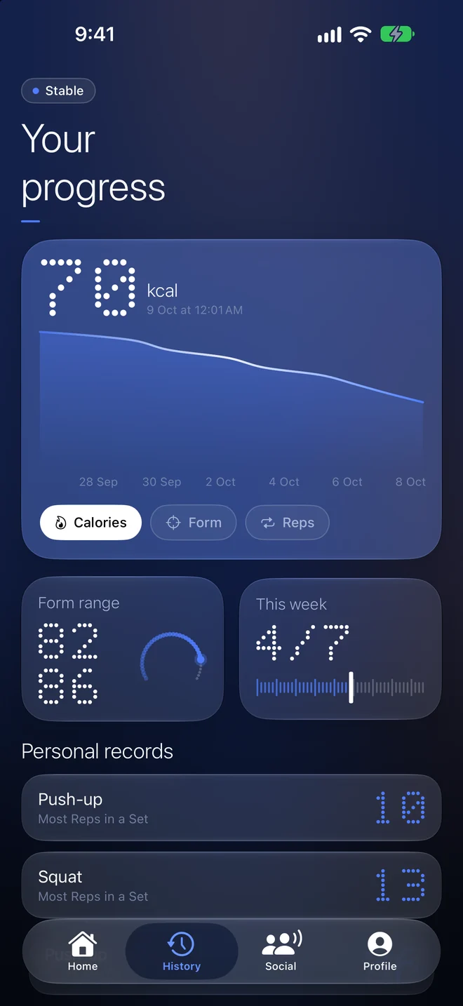 Progress screen with a calorie chart, form range and personal records