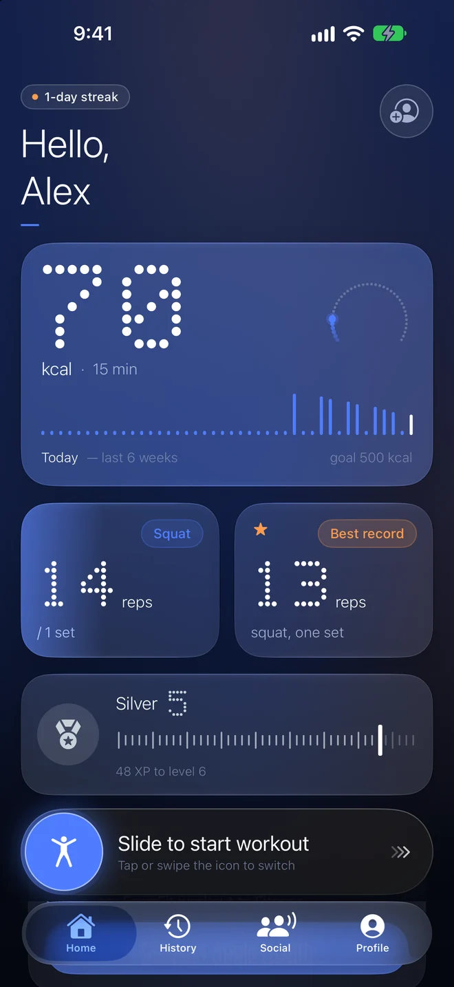 FormFit AI home screen with today's calories, last workout and a slide-to-start control