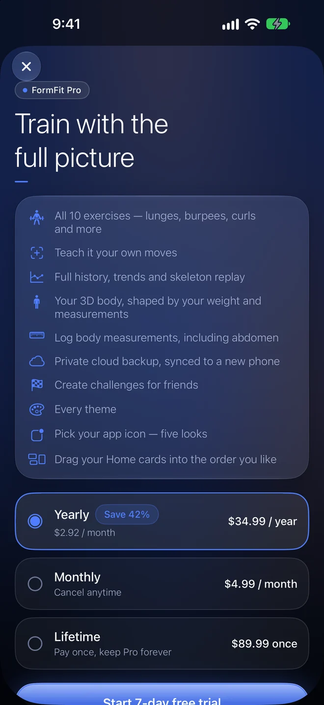 FormFit Pro screen listing everything included