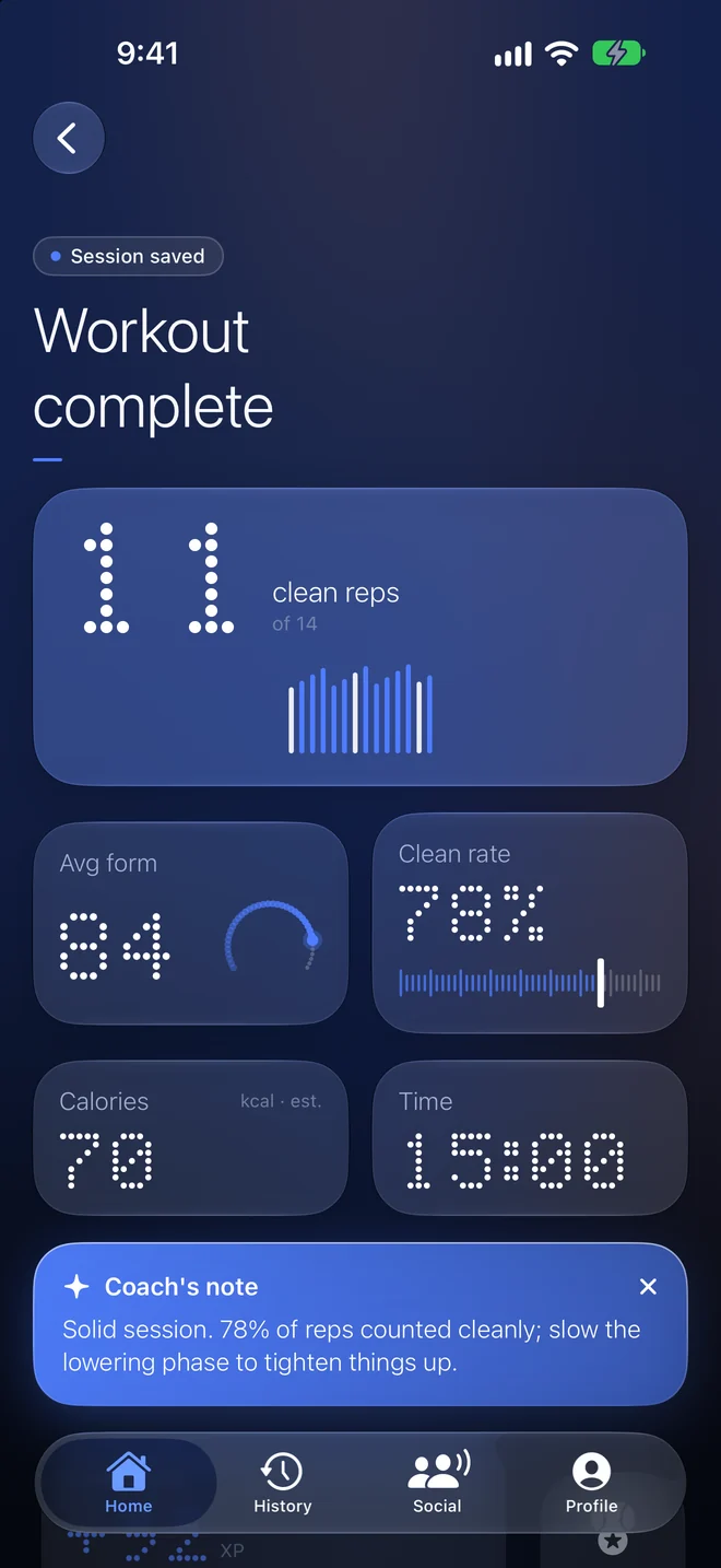 Workout summary showing clean reps, average form score and a coach's note