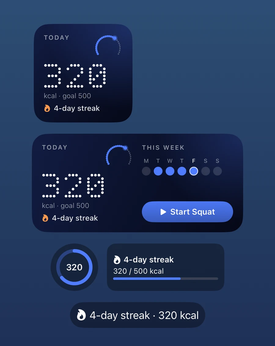 FormFit AI widgets: today's calorie ring, a medium widget with the week and a Start Squat button, and lock screen widgets